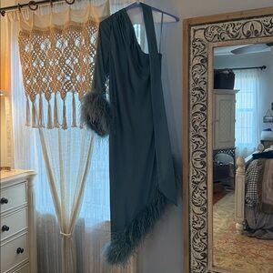 Anthropologie Asymmetrical Dress in Teal with Feather Trim